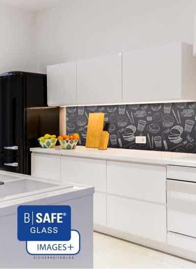 BSAFE GLASS IMAGES+ - Emailliertes Glas-Beispielfoto: BSAFE GLASS IMAGES+ mit Standardmotiv „Food and Drinks“